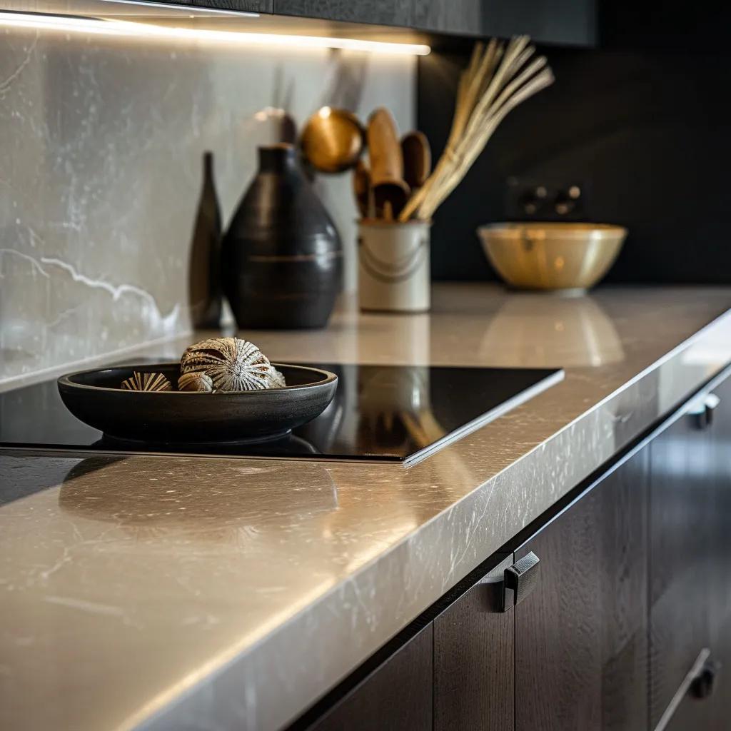 Close-up of a smooth quartz countertop emphasizing low maintenance and modern design