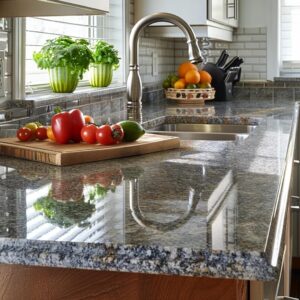 Shiny granite countertop in a modern kitchen with fresh vegetables and a cutting board