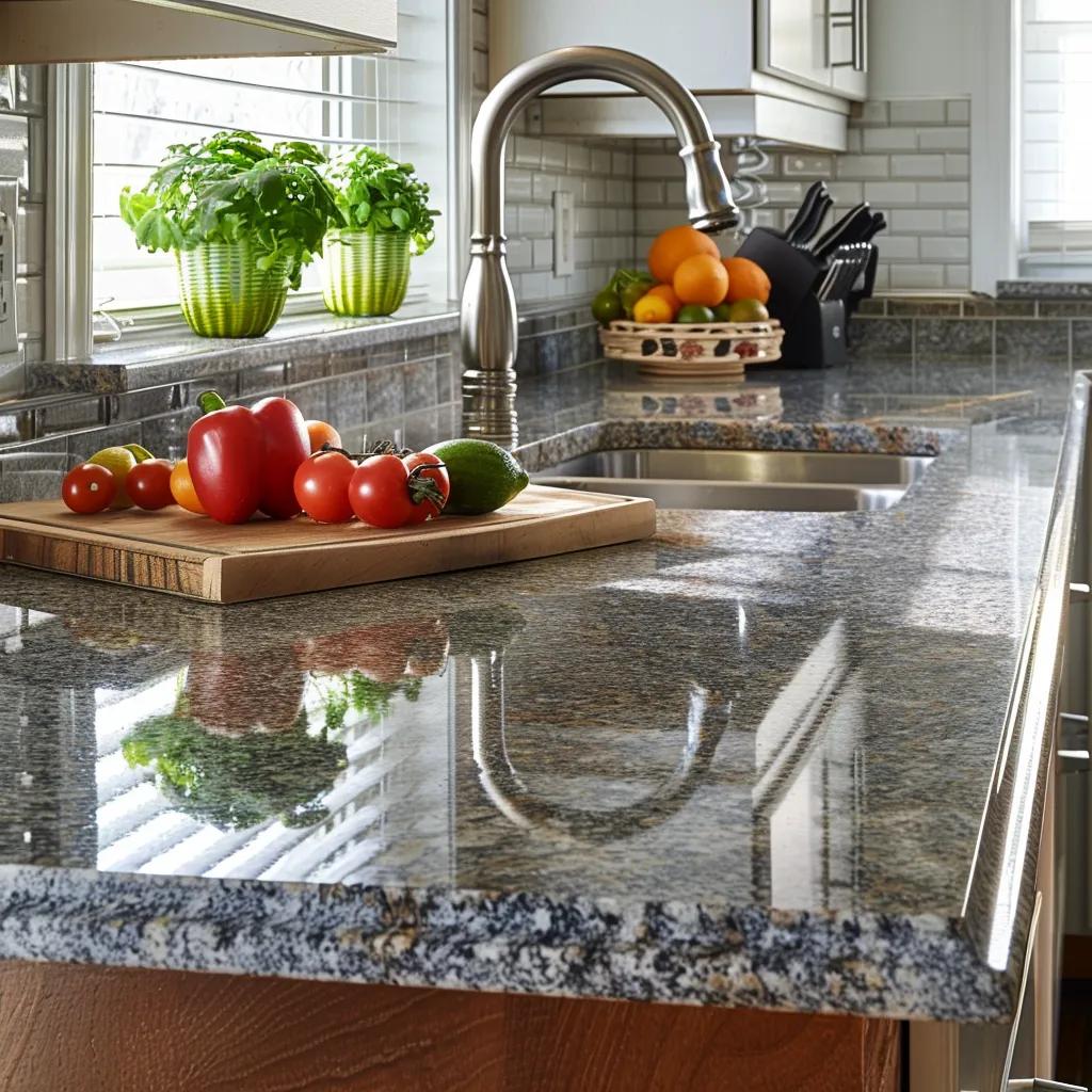 Granite kitchen countertop with fresh vegetables on a cutting board, stainless steel faucet, and vibrant green plants, highlighting countertop aesthetics and maintenance tips for homeowners in Denver.