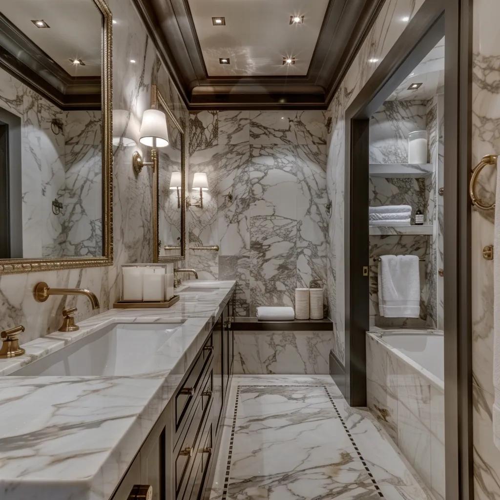 Luxurious bathroom with marble countertop showcasing intricate veining and elegant design