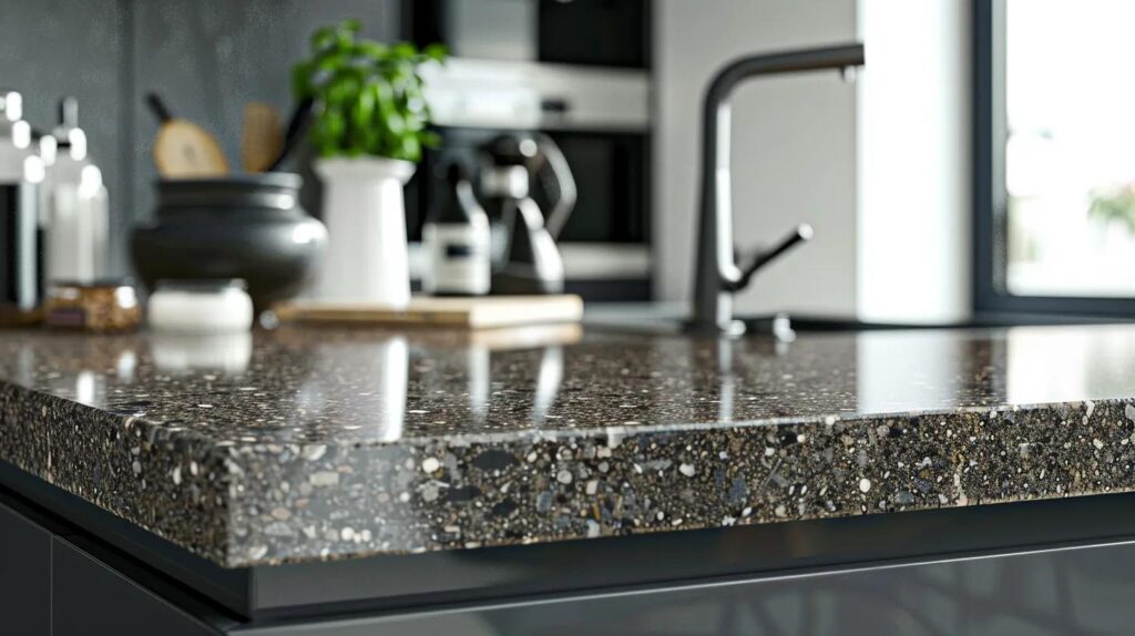 Polished granite countertop in modern kitchen setting, showcasing durability and design, with kitchen tools and plants in background, relevant to granite countertop maintenance and installation in Denver homes.