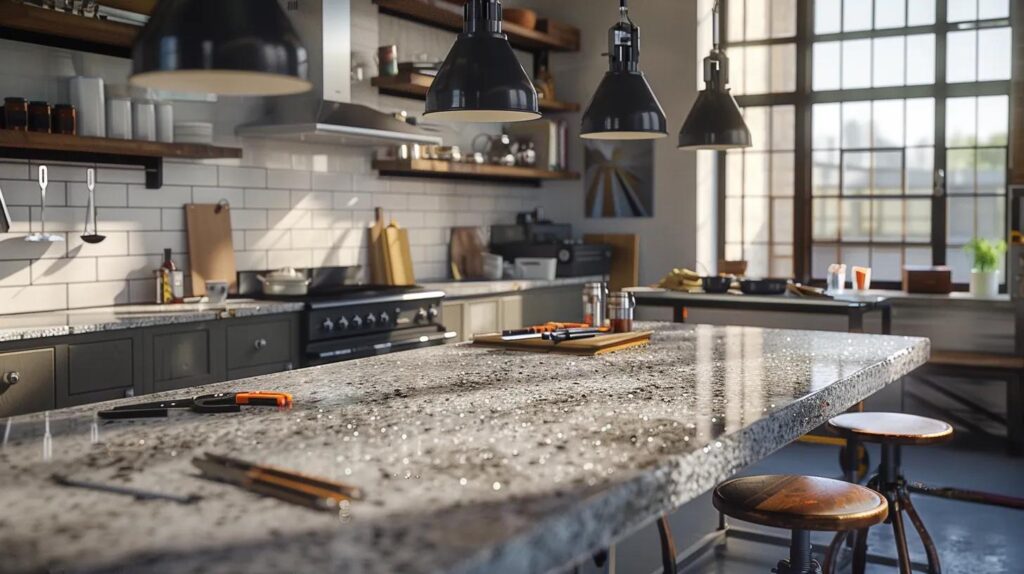 Sleek modern kitchen featuring a granite countertop, stainless steel appliances, and industrial-style lighting, ideal for countertop design inspiration in Denver.