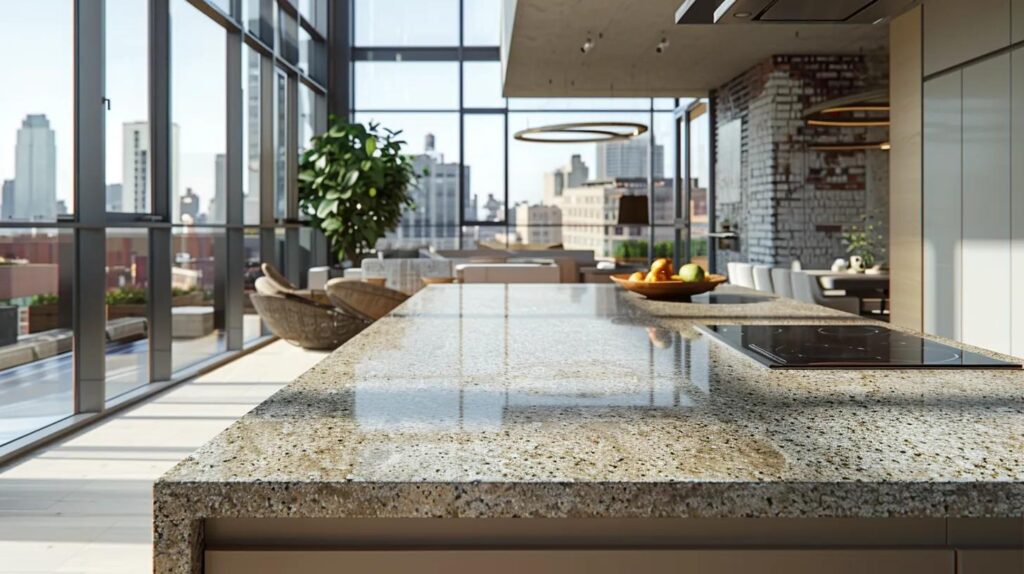 Sleek modern kitchen featuring a polished granite countertop, large windows with city views, and contemporary furnishings, highlighting current Denver countertop design trends.