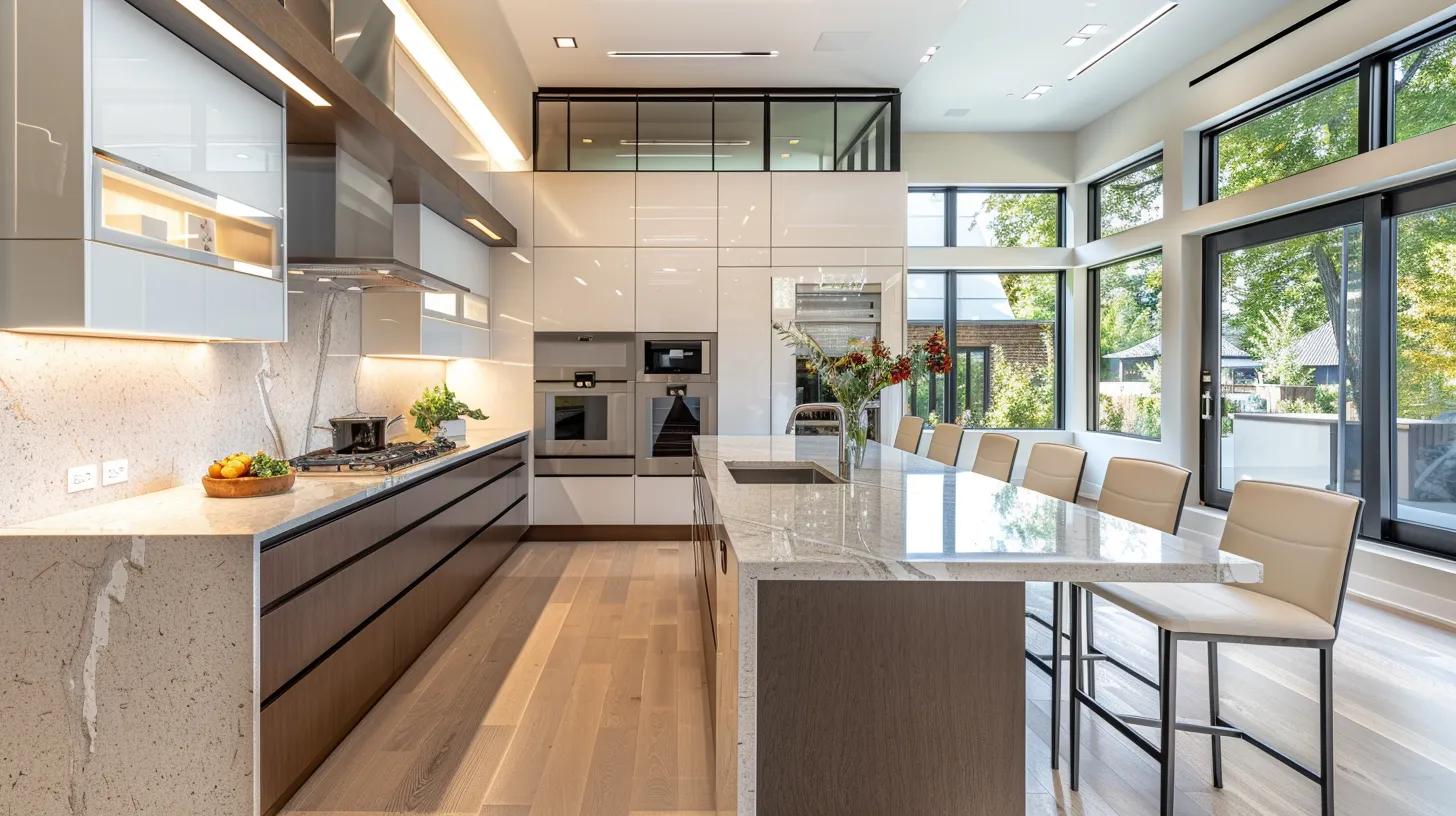 a sleek, modern kitchen showcasing an array of luxurious countertop options, illuminated by bright, focused under-cabinet lighting that highlights the rich textures and colors of each stone surface, conveying the expertise of denver stone & surface in creating stunning, functional spaces.