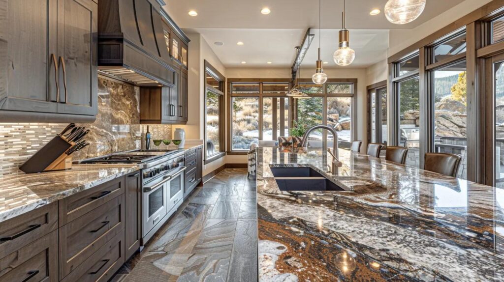 a luxurious kitchen featuring polished granite countertops, showcasing their elegant variations and durability, with modern appliances and sleek cabinetry that highlight the sophisticated atmosphere of a denver home.