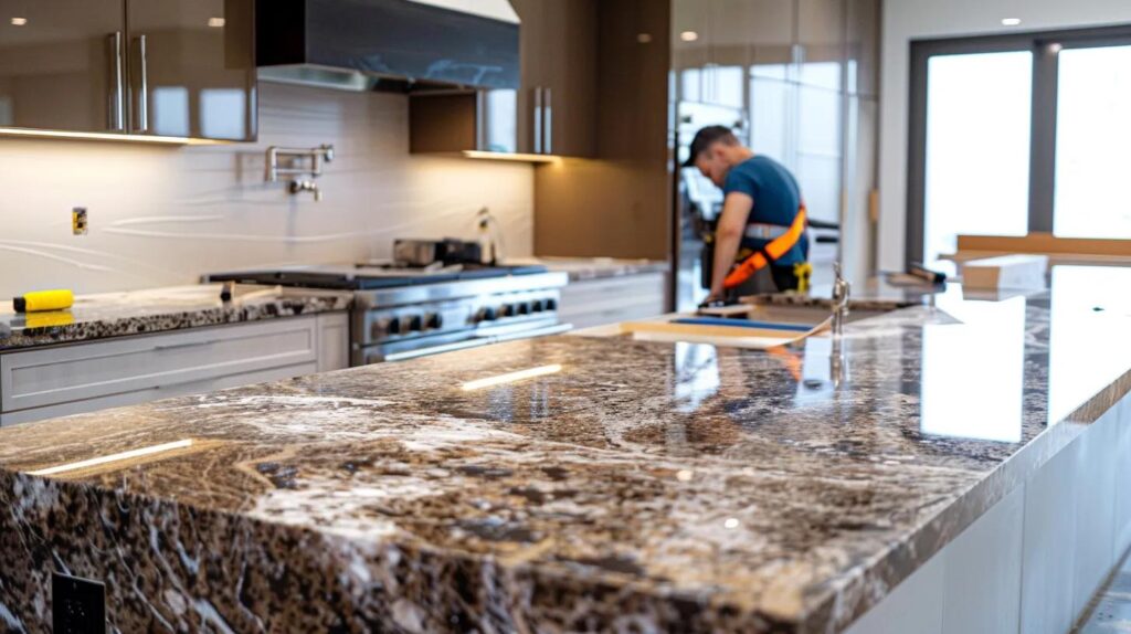 Granite countertop installation in a modern kitchen, featuring a worker preparing the surface, with sleek cabinetry and stainless steel appliances in the background.