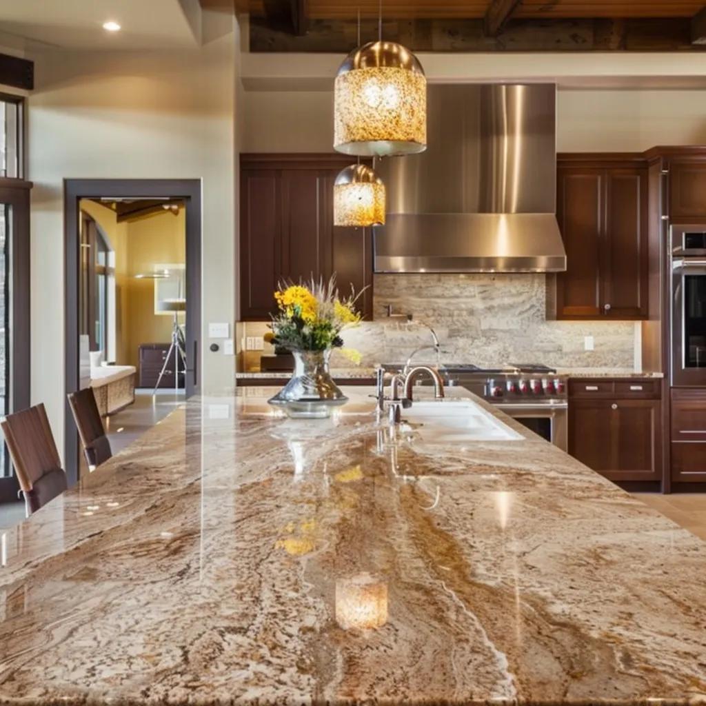Granite kitchen countertop with polished surface, modern cabinetry, and decorative pendant lighting in a stylish kitchen setting, showcasing design options for Colorado homes.