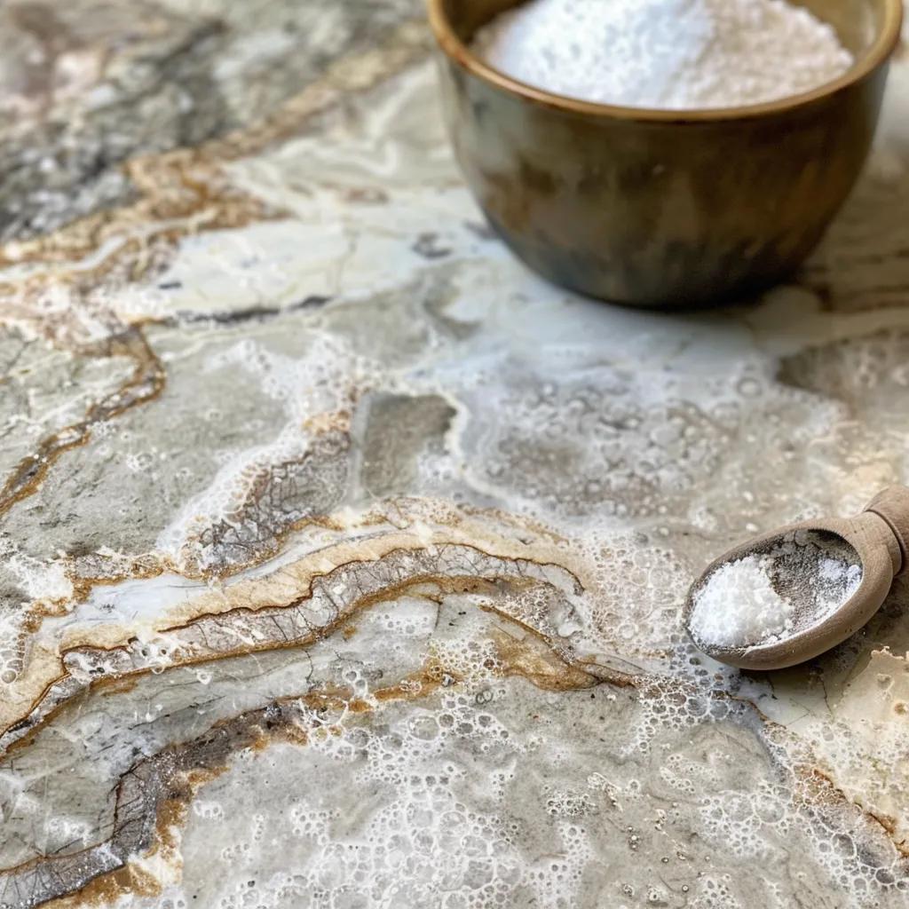 Granite countertop with bubbling cleanser and wooden spoon, highlighting effective cleaning methods for maintaining granite surfaces.