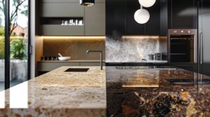 a stunning kitchen interior showcases a side-by-side comparison of sleek quartz and rugged granite countertops, illuminated by modern pendant lighting that enhances the textures and colors of both surfaces in a sophisticated urban setting.